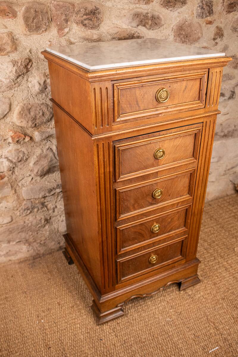 Louis XVI style bedside chest of drawers, marble top, late 19th century.