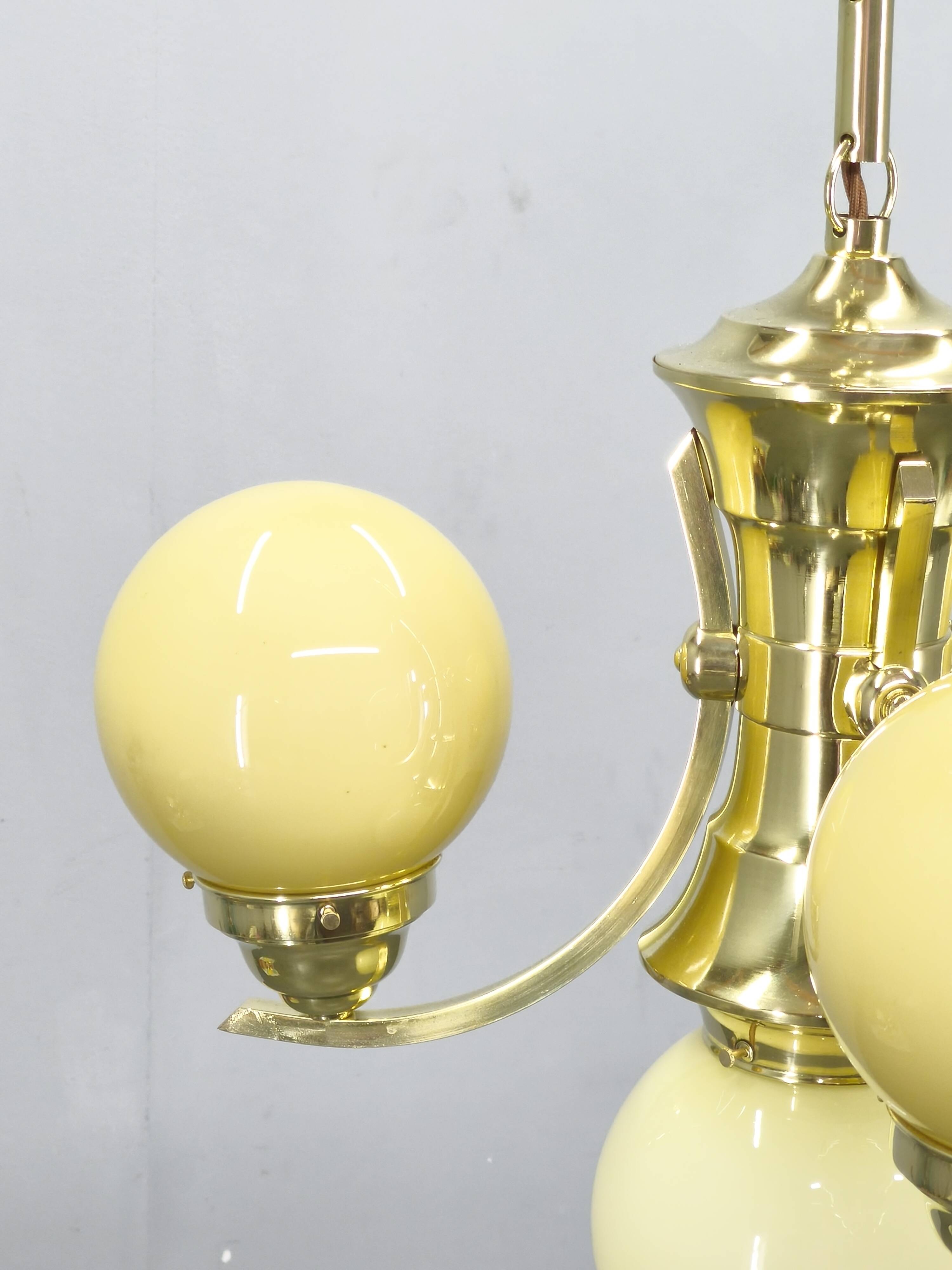 Art Deco Brass and Opaline Glass Chandelier, 1930s