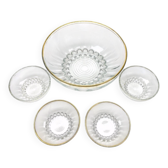 Salad bowl and 4 glass bowls with gilding, 1930 fruit salad service.