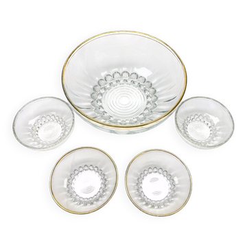 Saladier et 4 coupelles en verre et dorure 1930 service à salade de fruits