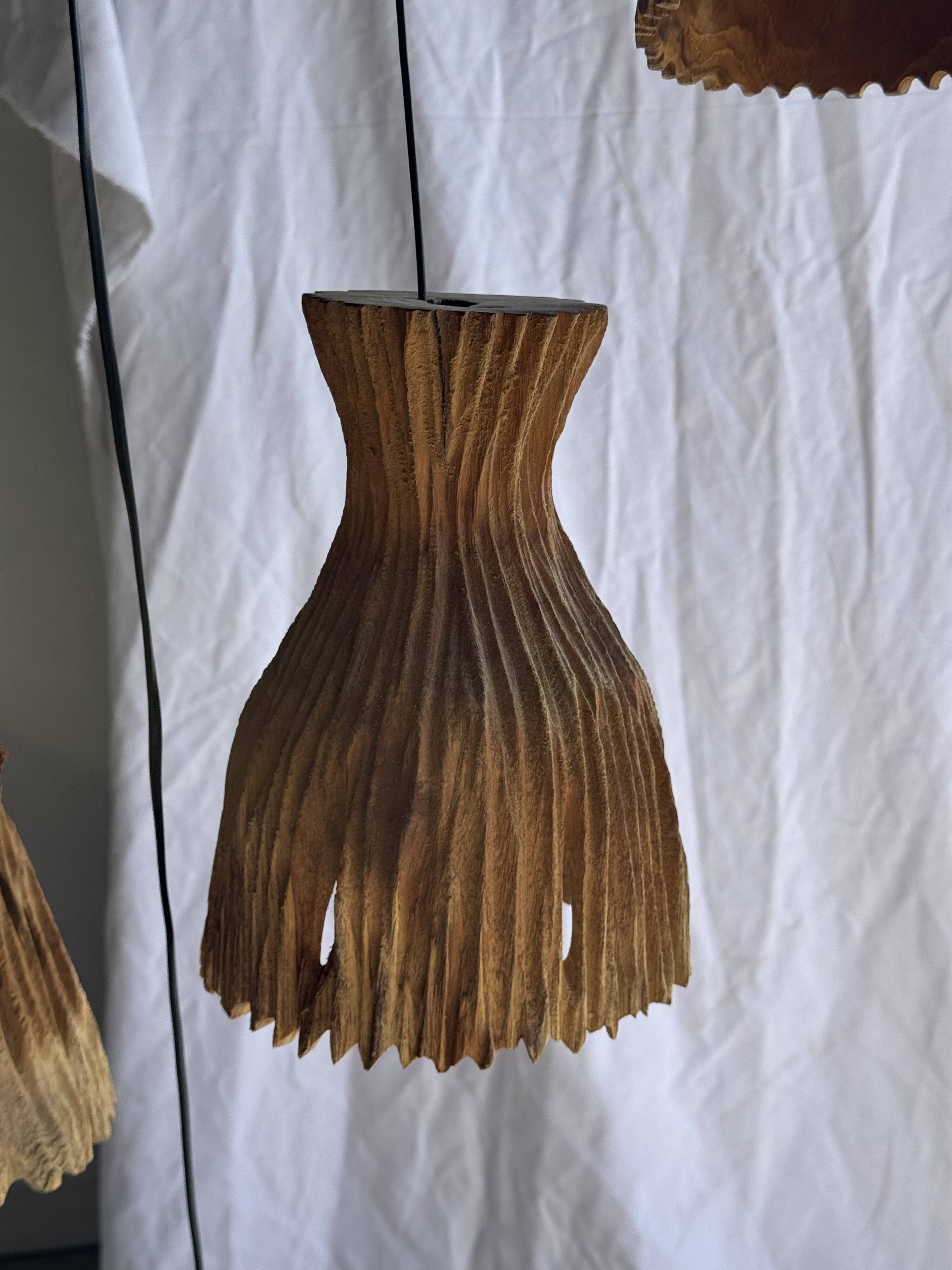 Suspension or lampshade in natural organic teak, tubular, H30 D22.