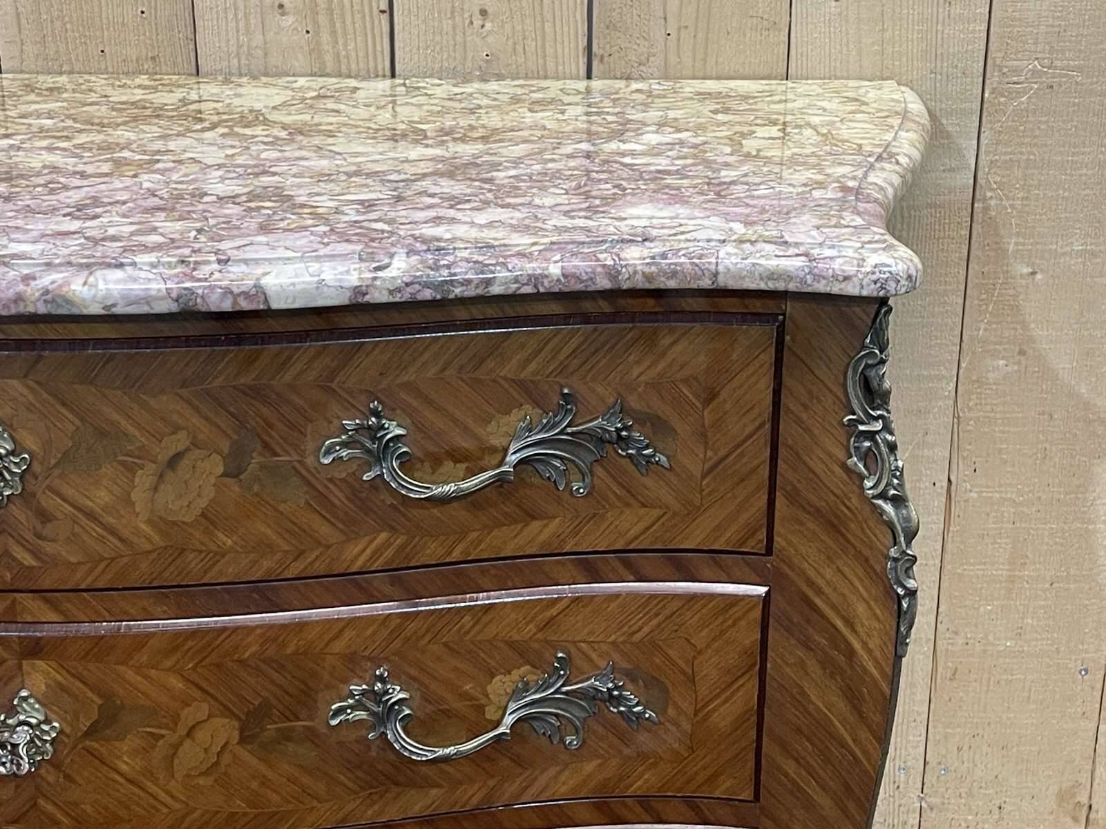 Louis XV style chest of drawers in rosewood, oak and marble top, made in the 70s