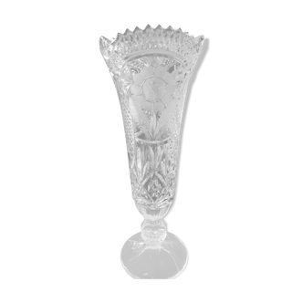 Vintage vase in stylish bohemian chic crystal, floral motifs, braces