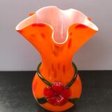 Vase verre multicouche orange col corolle vintage