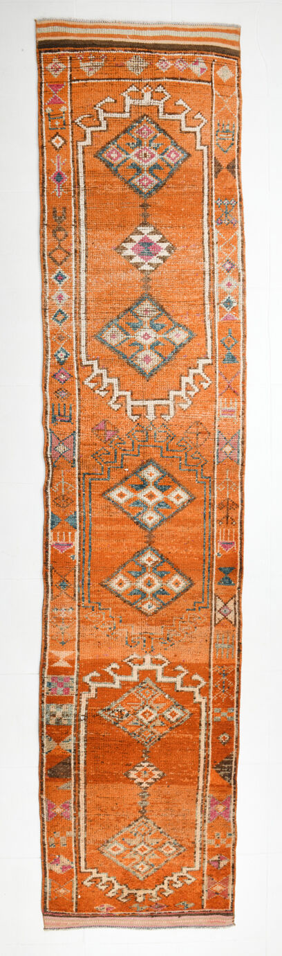 3x12 orange & beige long turkish vintage runner rug 387x87cm