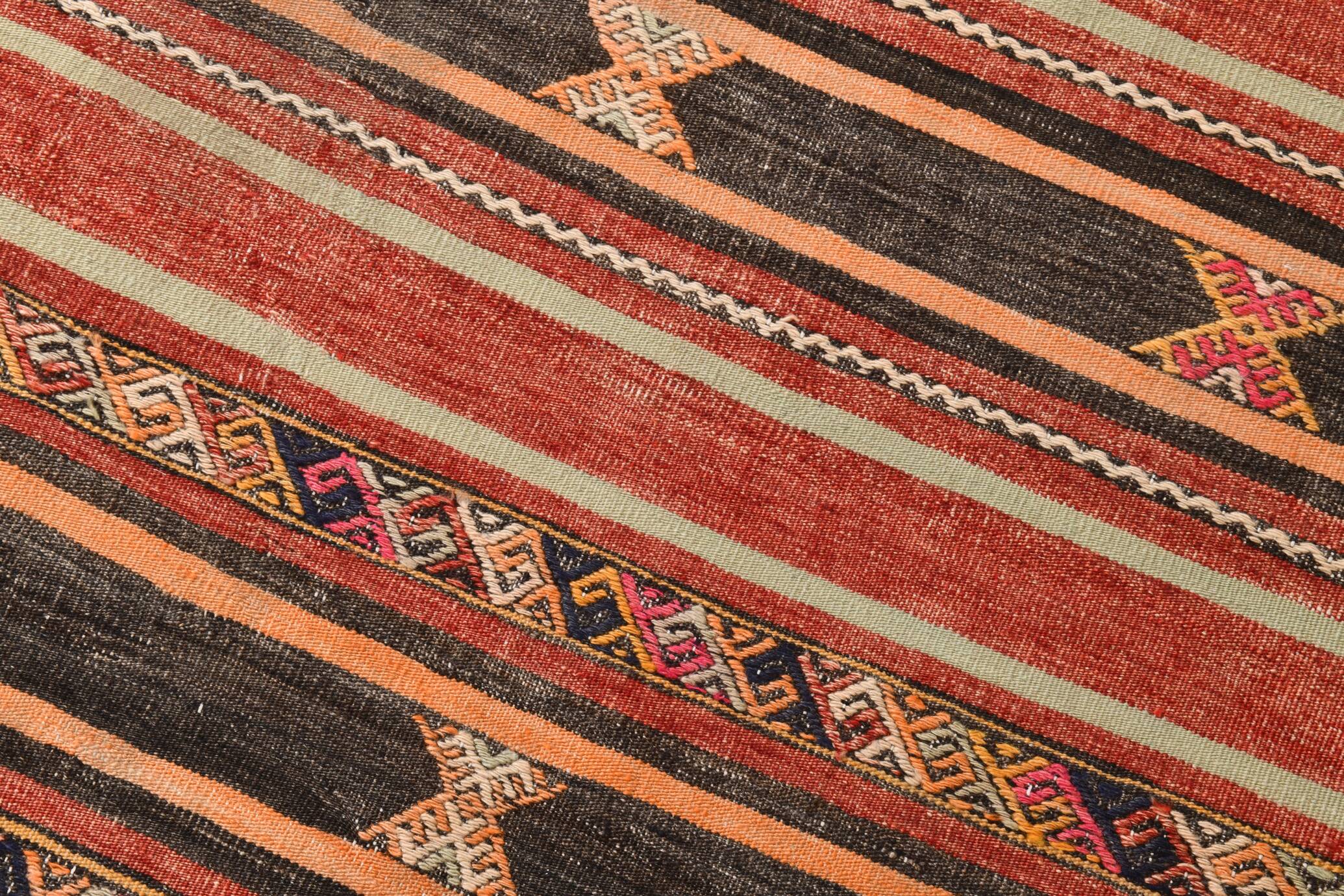 3x10 Red & Black Striped Kilim Runner Rug, 90x309Cm