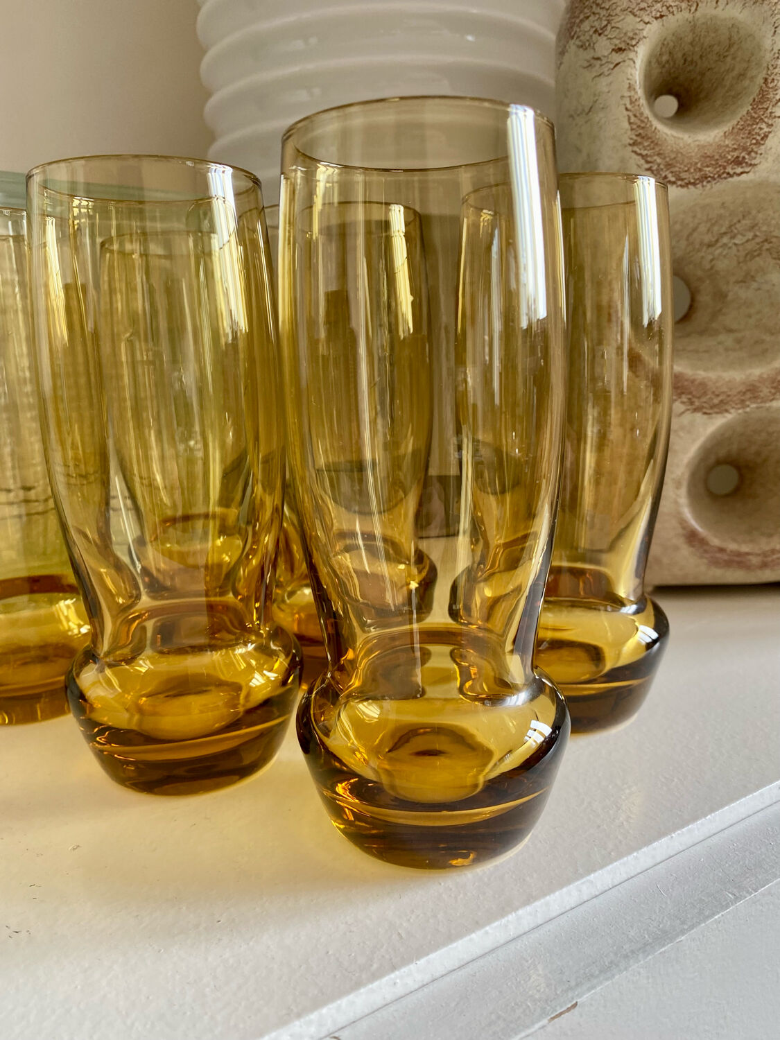 6 amber blown glass water glasses