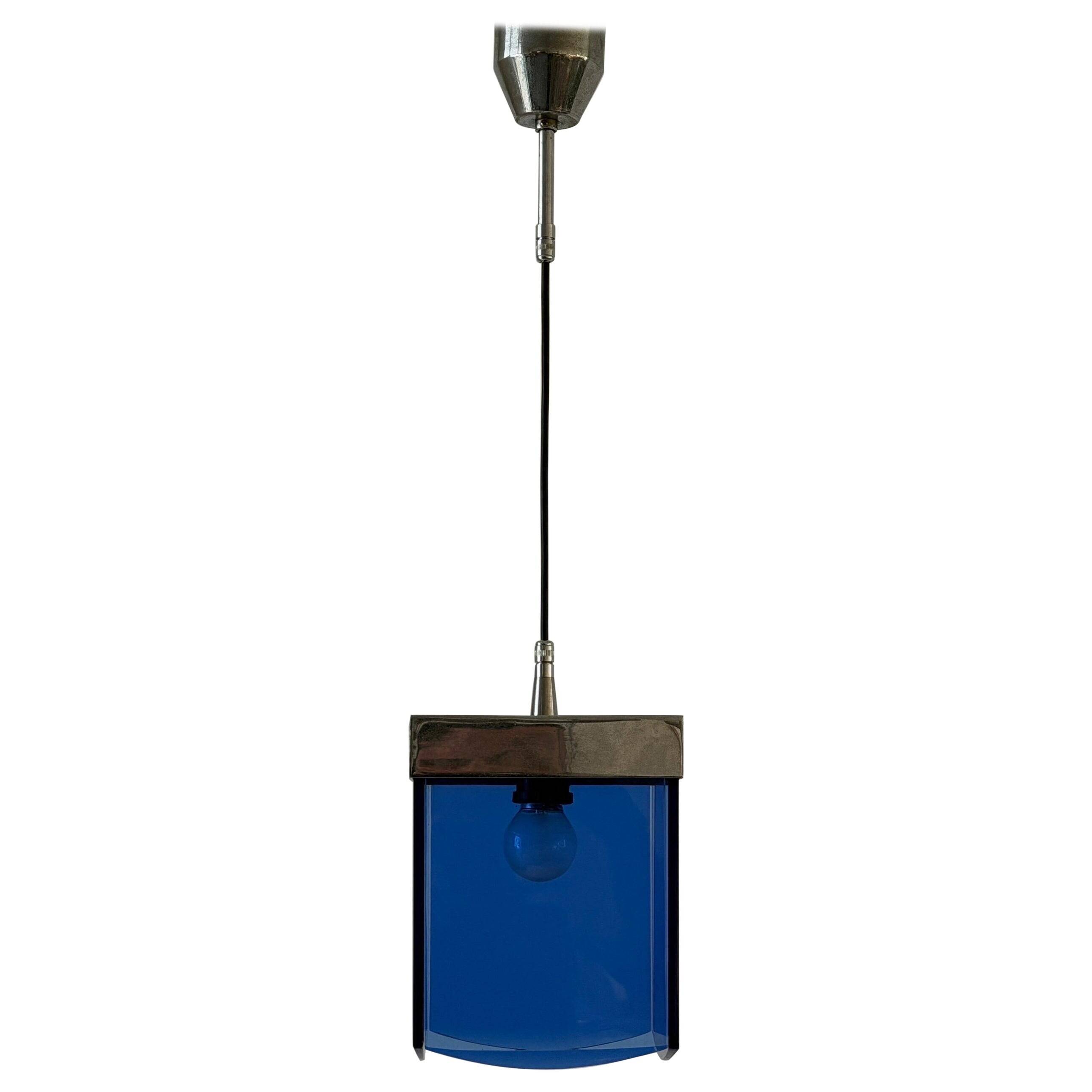 Art Deco ceiling light in blue glass and chrome, 1950s, Italy