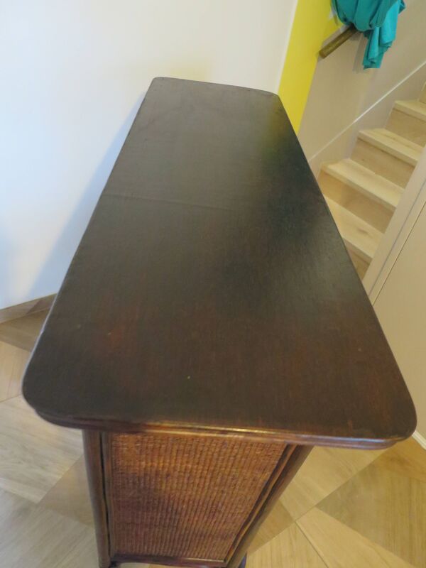Rare vintage meuble de bar étagère bois rotin tressé années 80 rétro