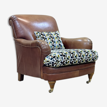 English club armchair in leather from the 90s, seat and cushion in PADDINGTON fabric from CASAMANCE