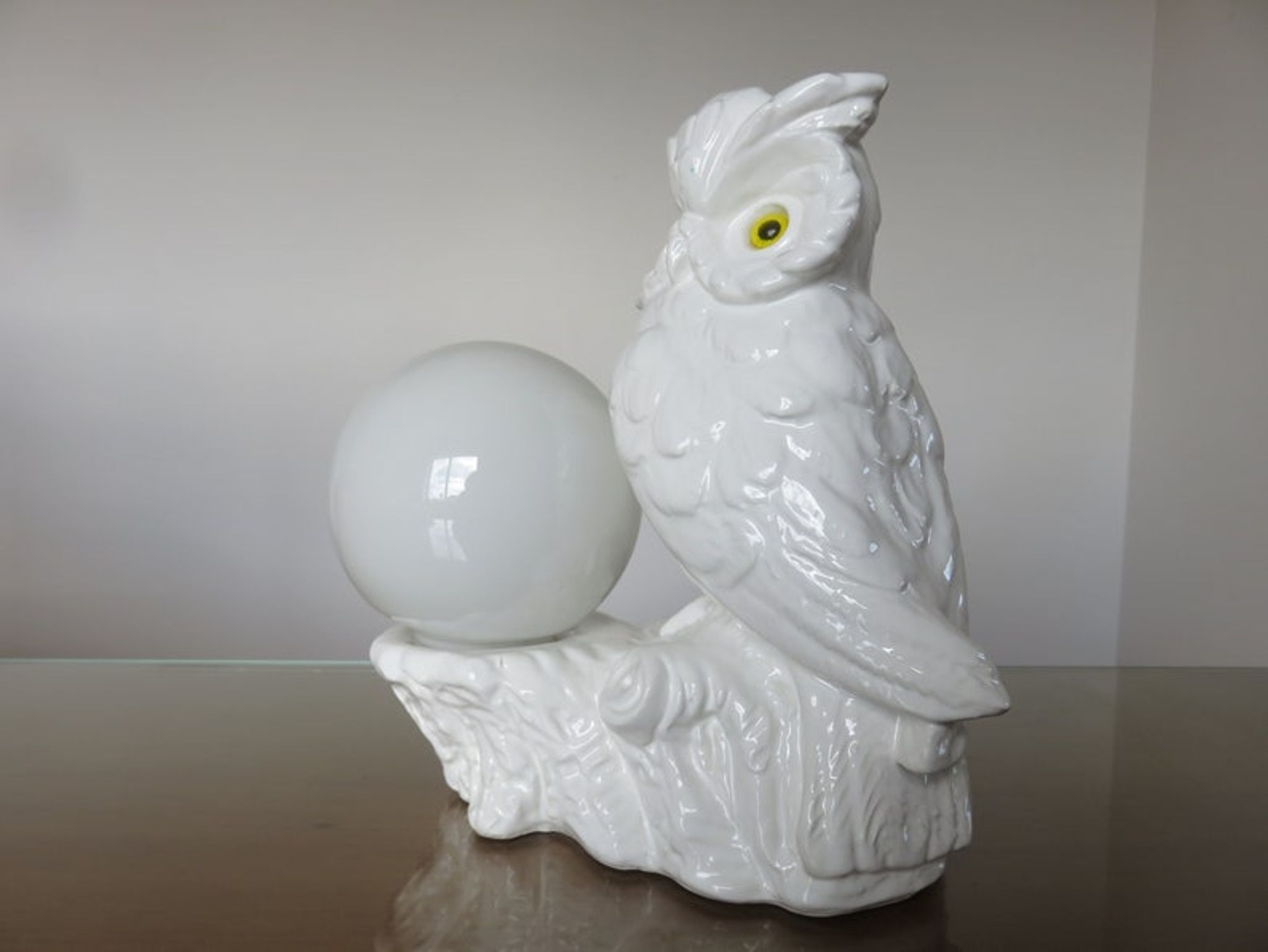 Owl lamp, ceramic owl and opaline ball 70s