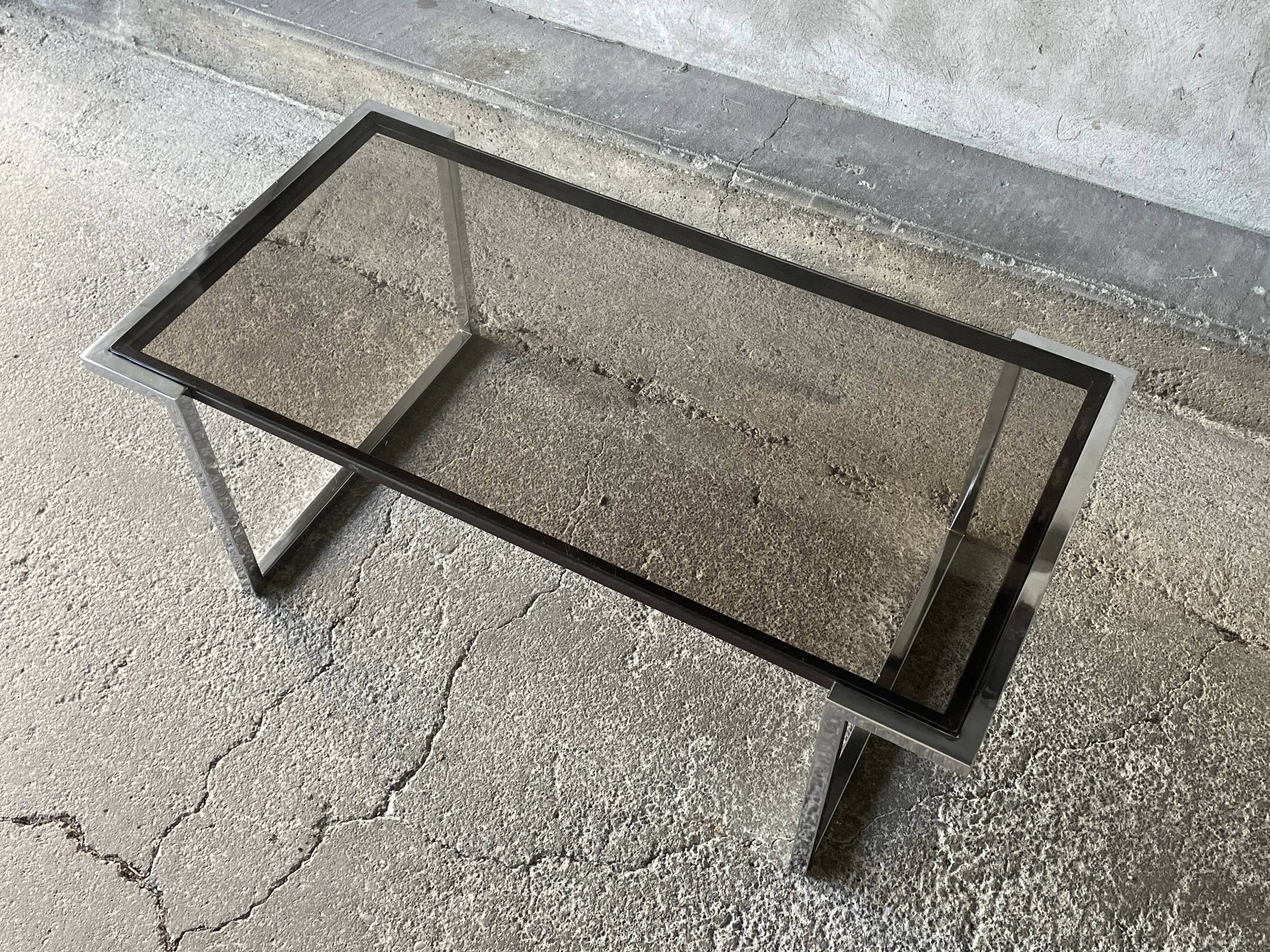 Coffee table in chromed metal and smoked glass, 1970s