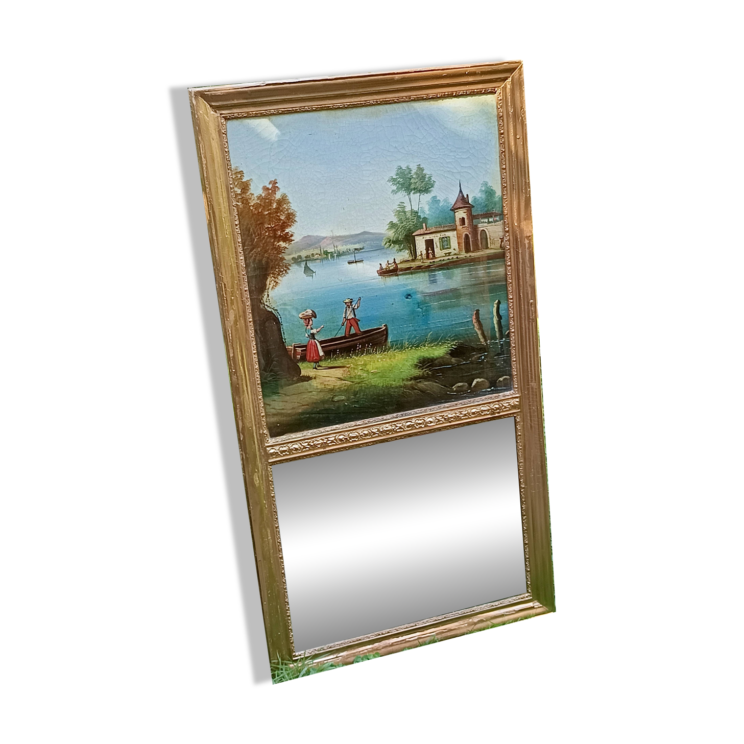 Antique trumeau with romantic decor, oil on canvas, mirror, late 19th and early 20th century