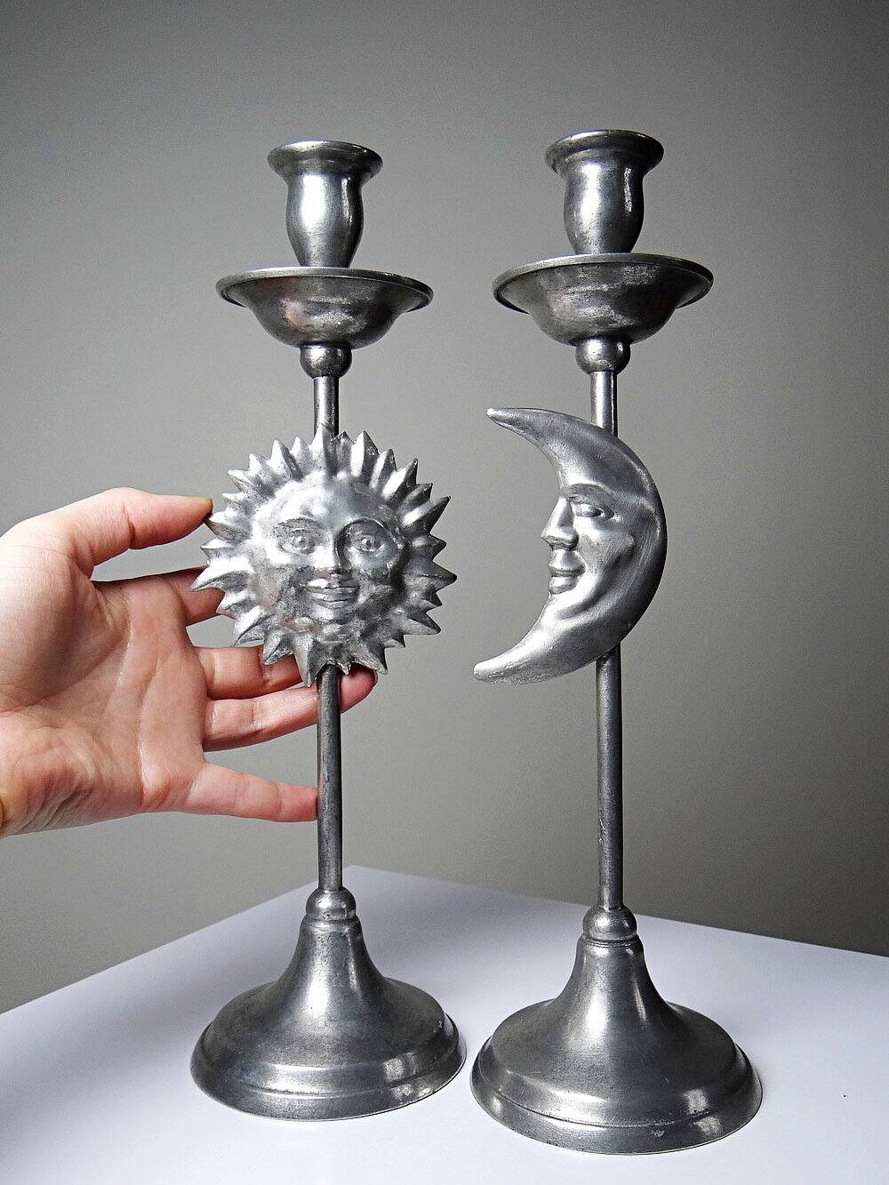 Pair of handcrafted candle holders Sun & Moon vintage mid-century silver-plated tin