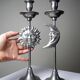 Pair of handcrafted candle holders Sun & Moon vintage mid-century silver-plated tin
