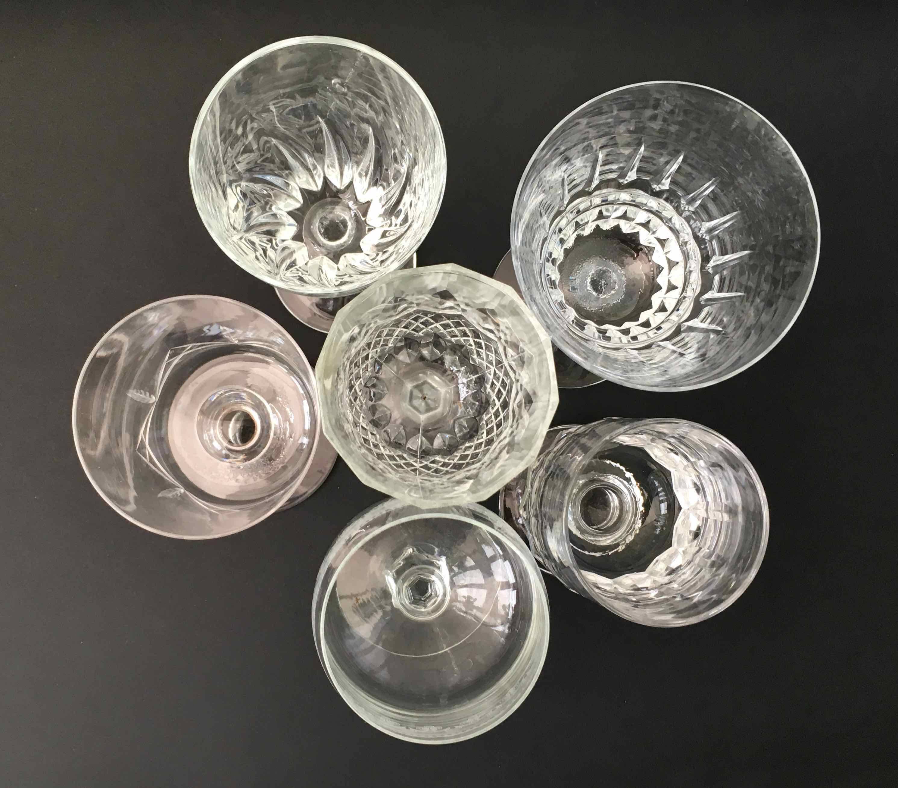 6 assorted crystal wine glasses