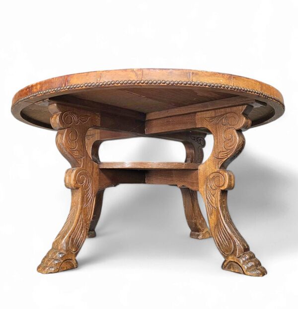 Table basse Mid-Century en bois massif et cuir cognac patiné