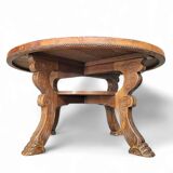 Mid-Century Coffee Table in Solid Wood and Patinated Cognac Leather