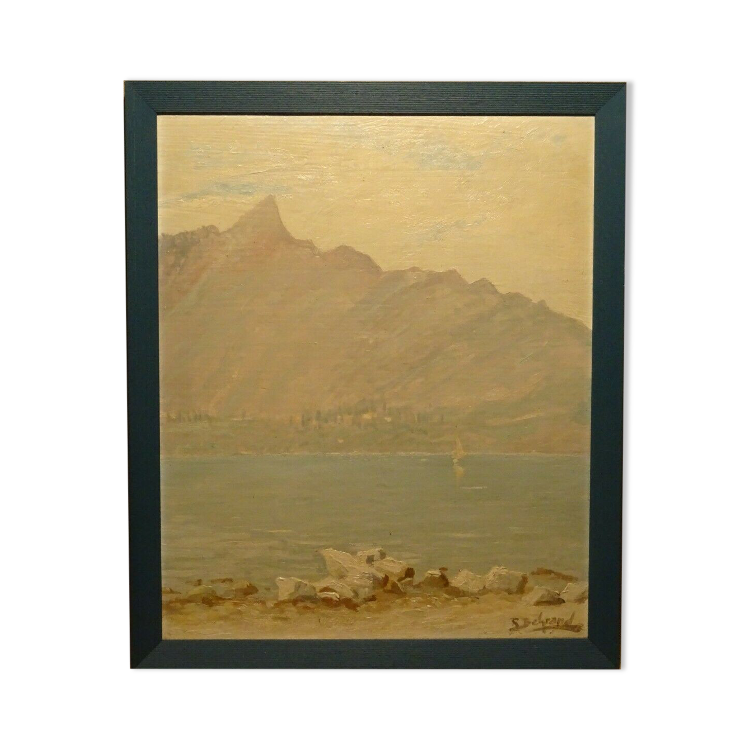 Peinture huile sur panneau Lac du Bourget Dent du chat Robert Belgrand