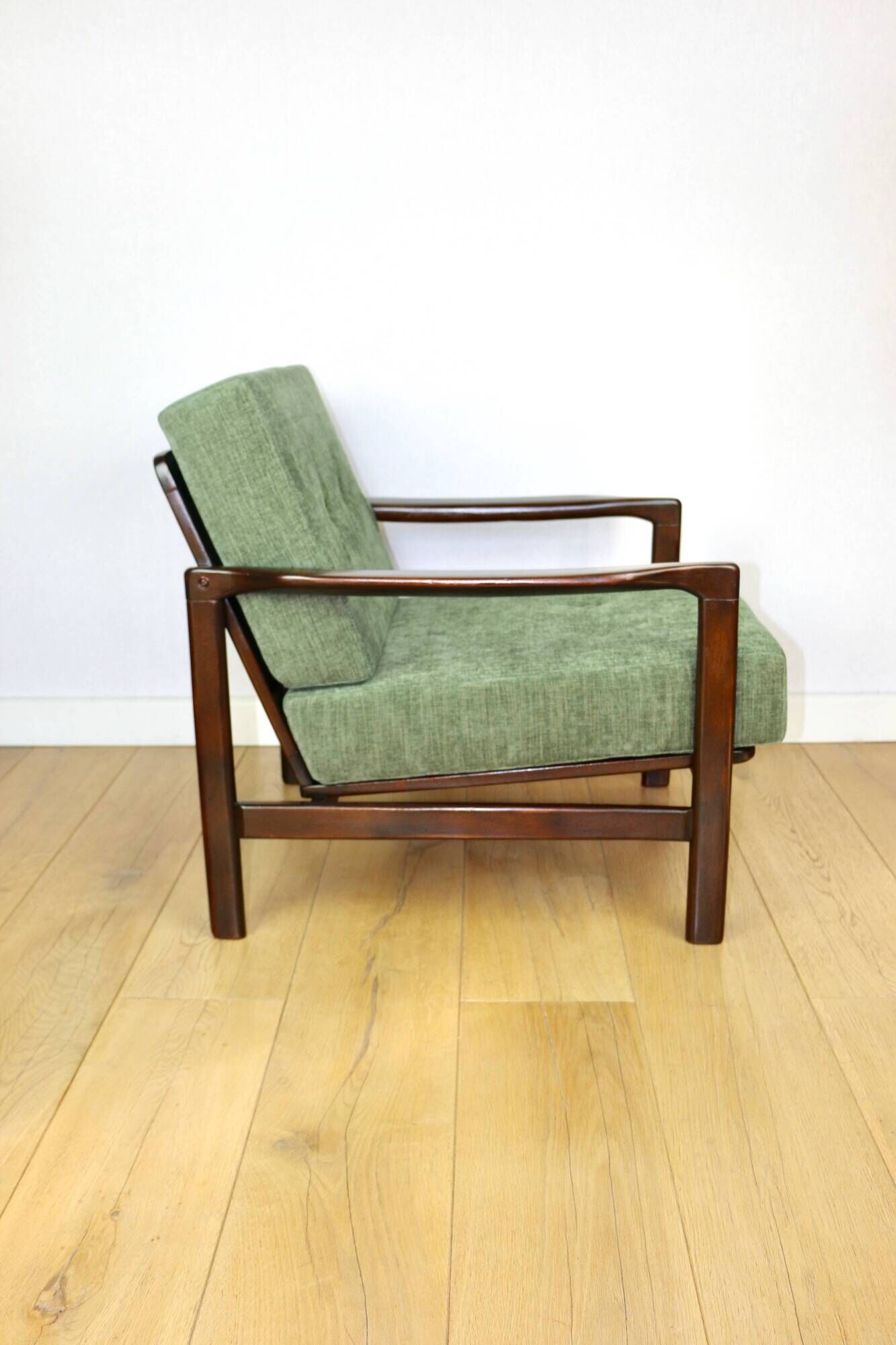 Vintage brown wooden armchair green-olive jeans design by Z. Bączyk - 2 pieces available