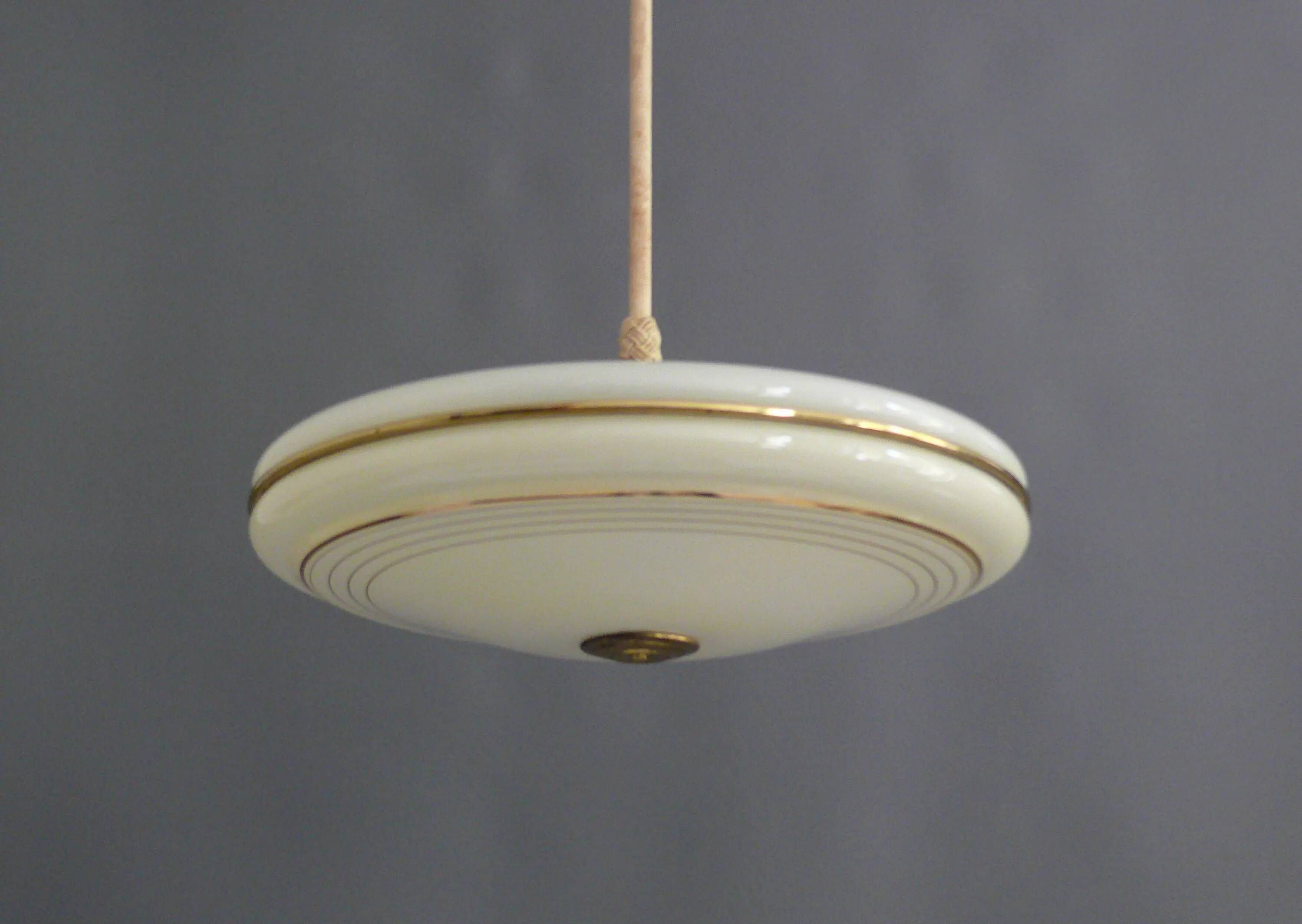 Beige Art Deco Pendant Light with Golden Radial Stripes and Brass Profile, 1930-1940