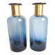 2 blue glass bottle vases with gold necks, 30 cm high