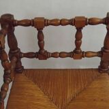 Antique French Turned Wooden Bobbin Chair with Rush Seat