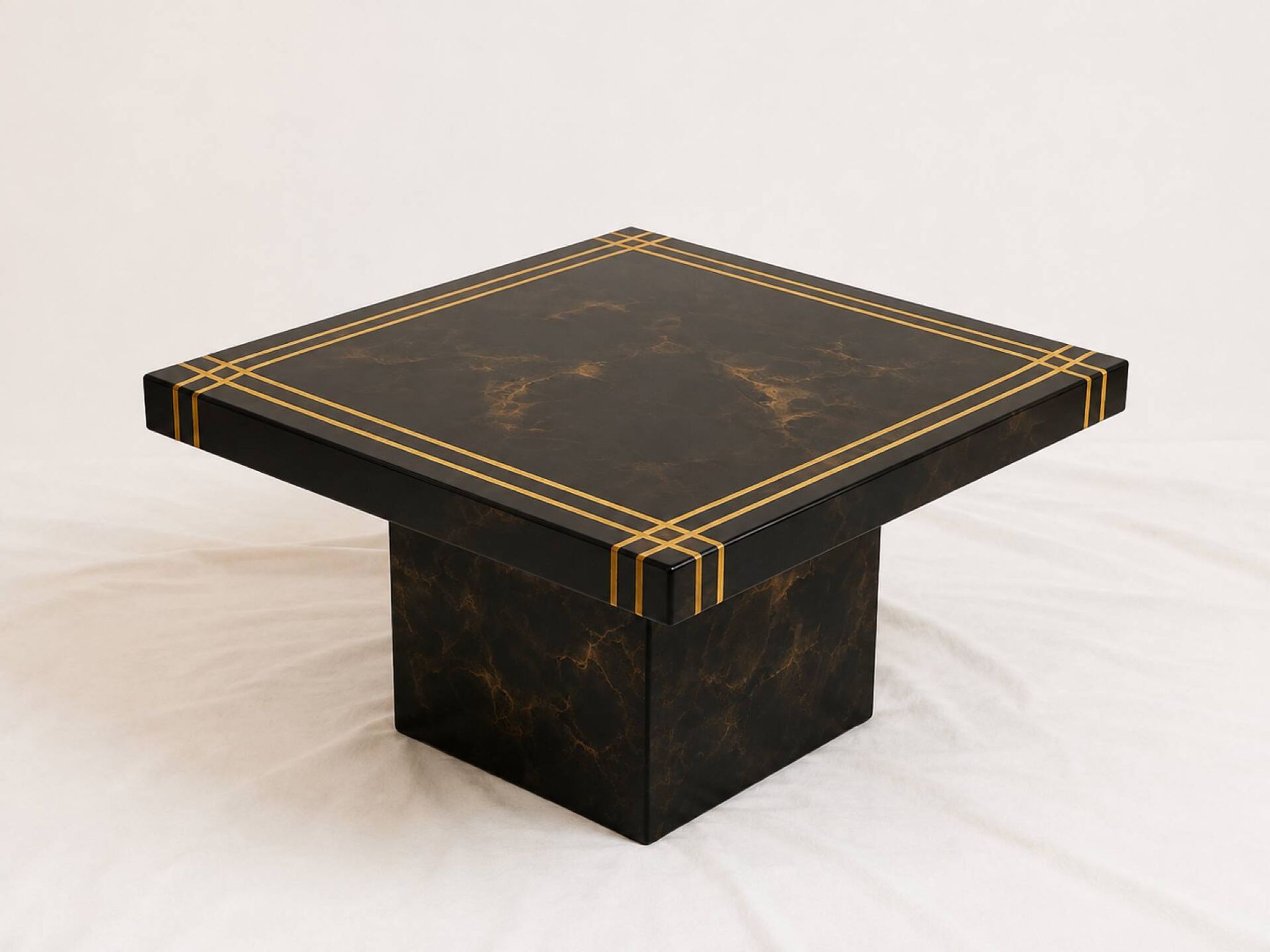 Vintage square black marbled coffee table with gold – central base
