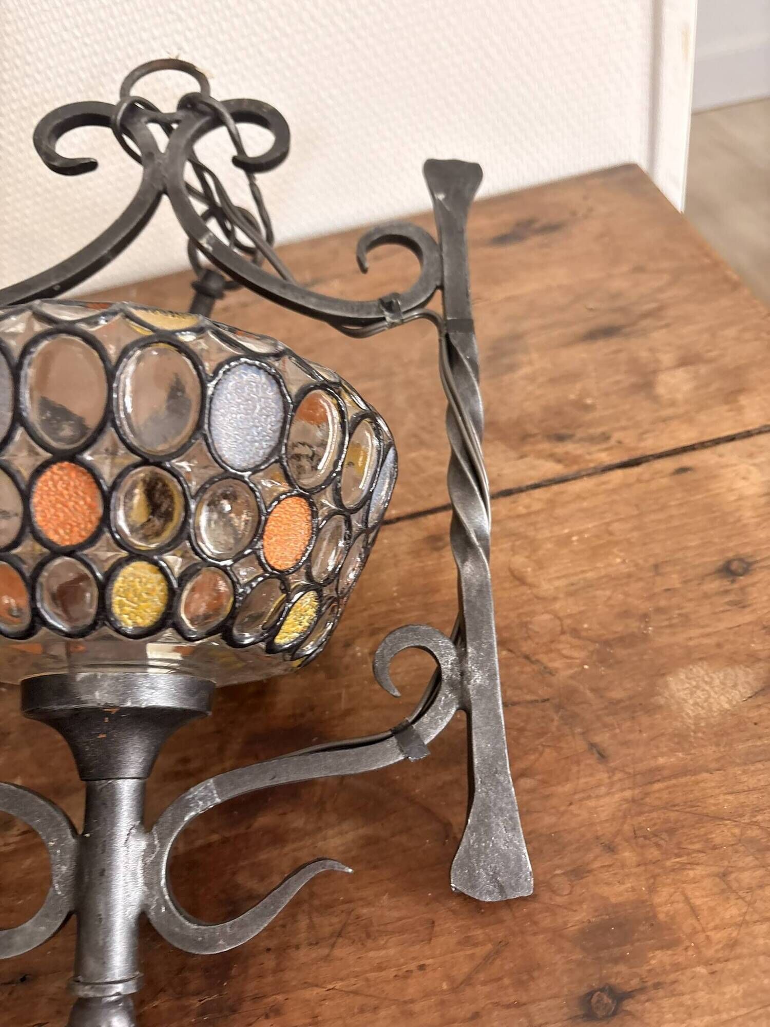 Colourful Stained Glass Wall Sconce with Wrought Iron and Cabochons Lamp