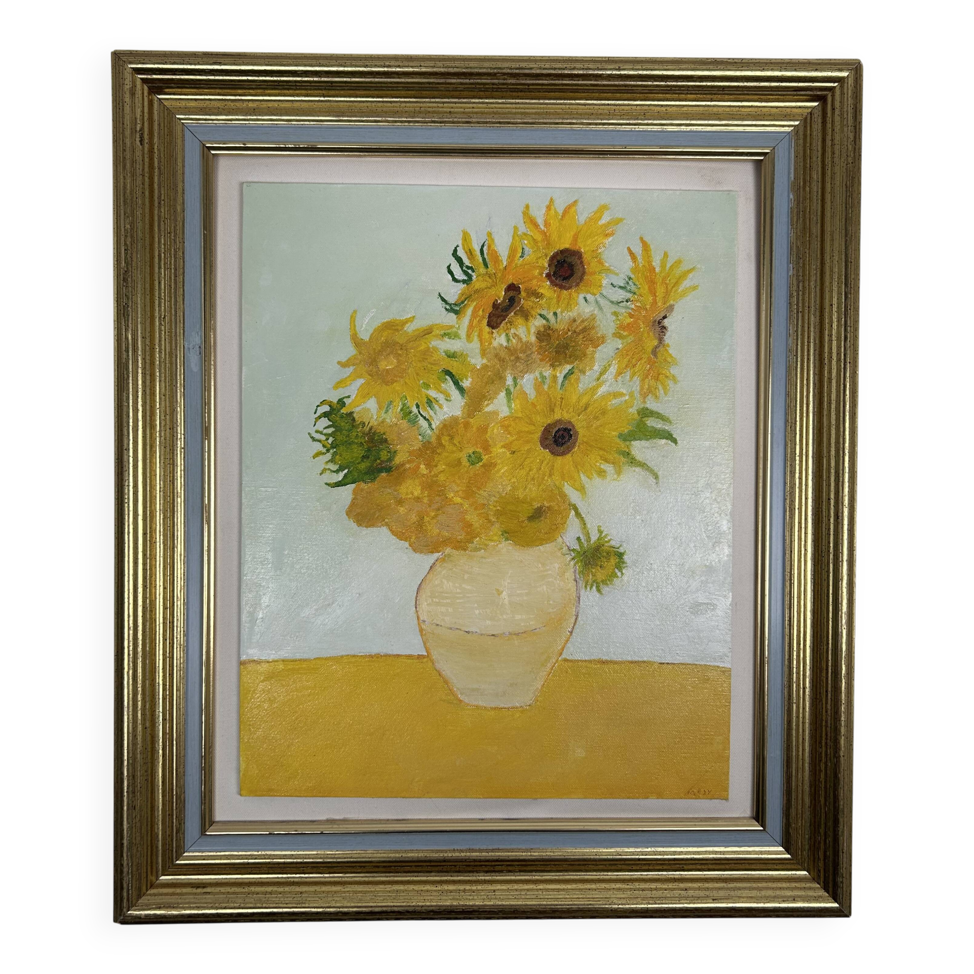 Peinture originale encadrée "Tournesols dans un vase" signée Mady
