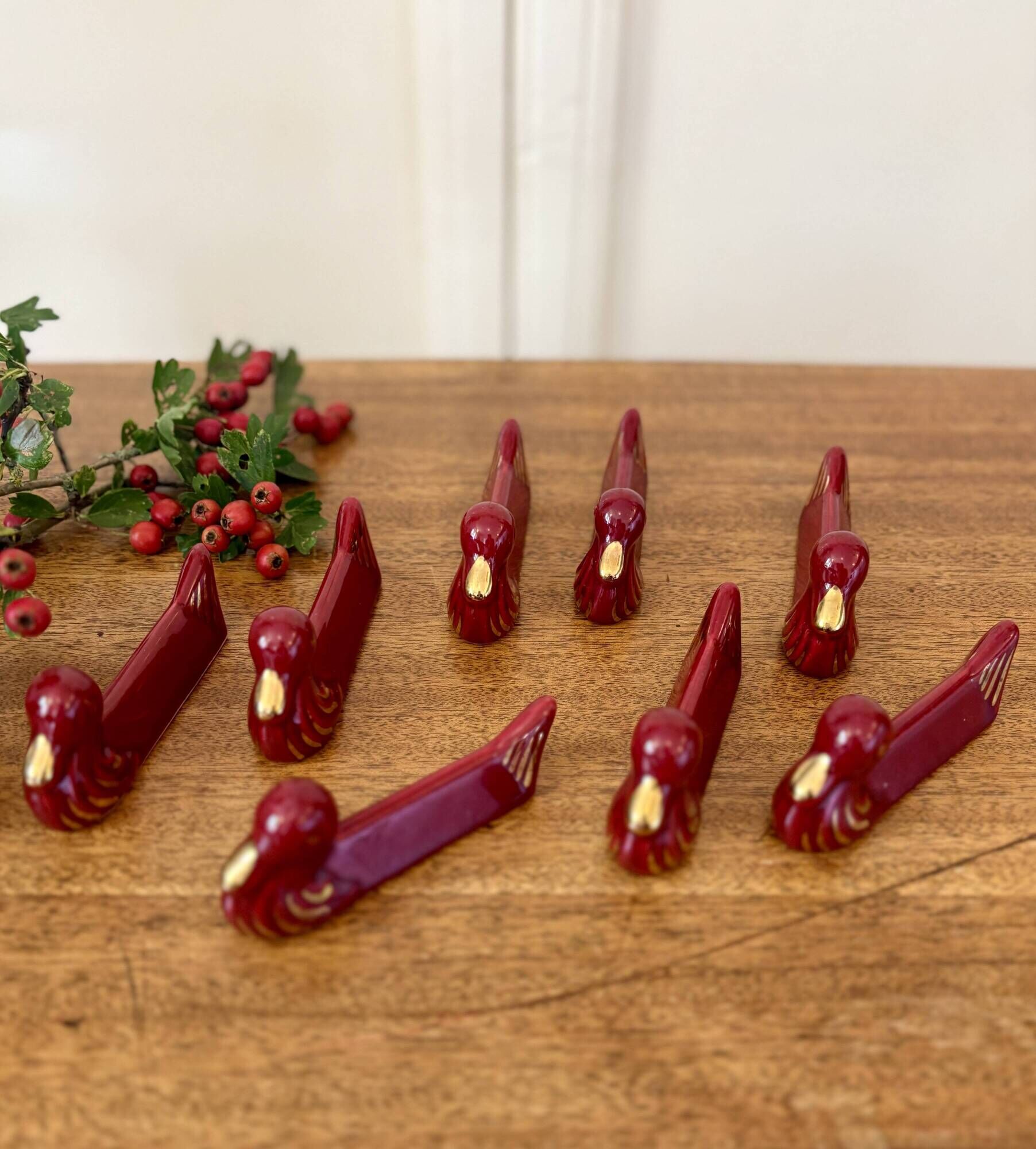 Set of 8 vintage slip knife holders in the shape of red ducks and