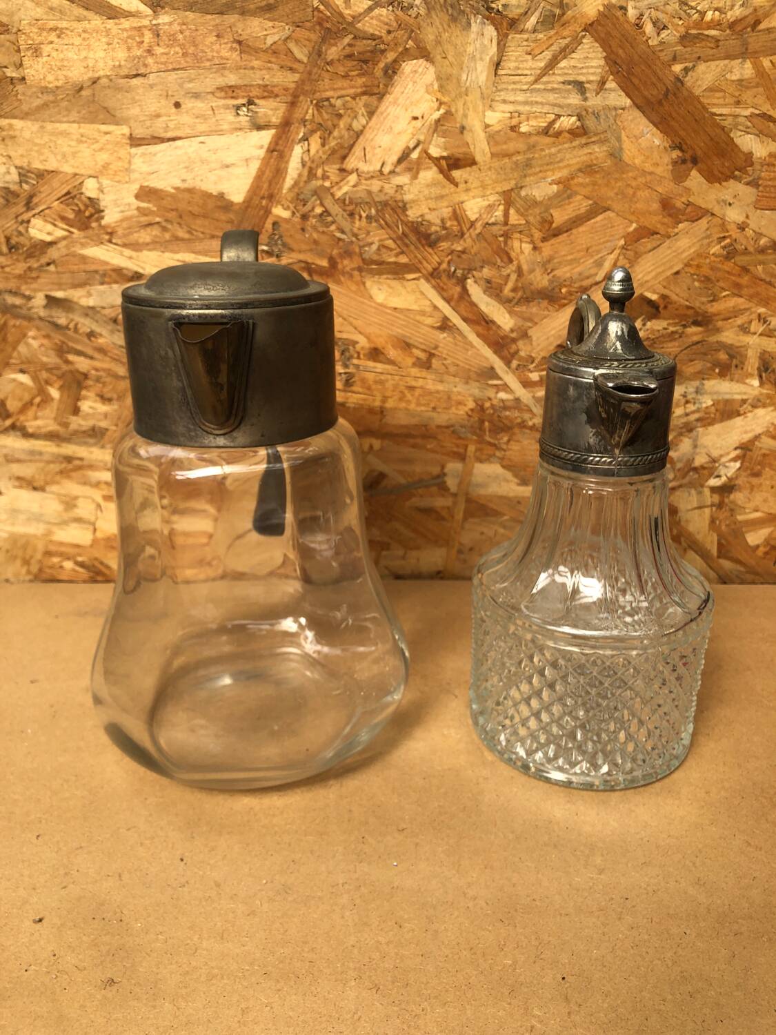 Pair of cast glass & vintage metal refresher pitcher