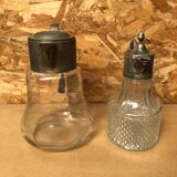 Pair of cast glass & vintage metal refresher pitcher