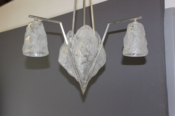 Lustre à plaques d'époque Art Déco signé Degué