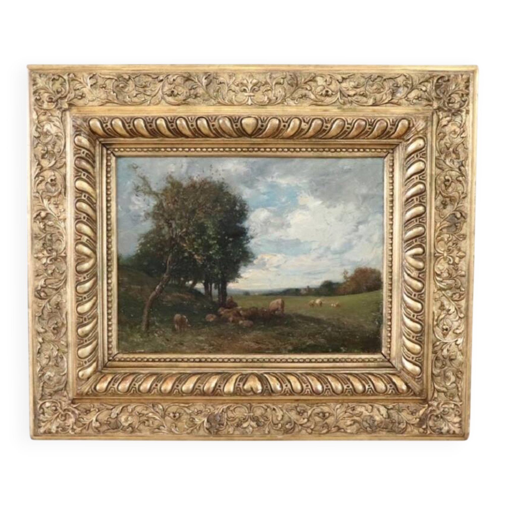 Peinture à l'huile sur panneau, paysage avec un troupeau de moutons, signé V. Bussolino, Italie, 19e siècle