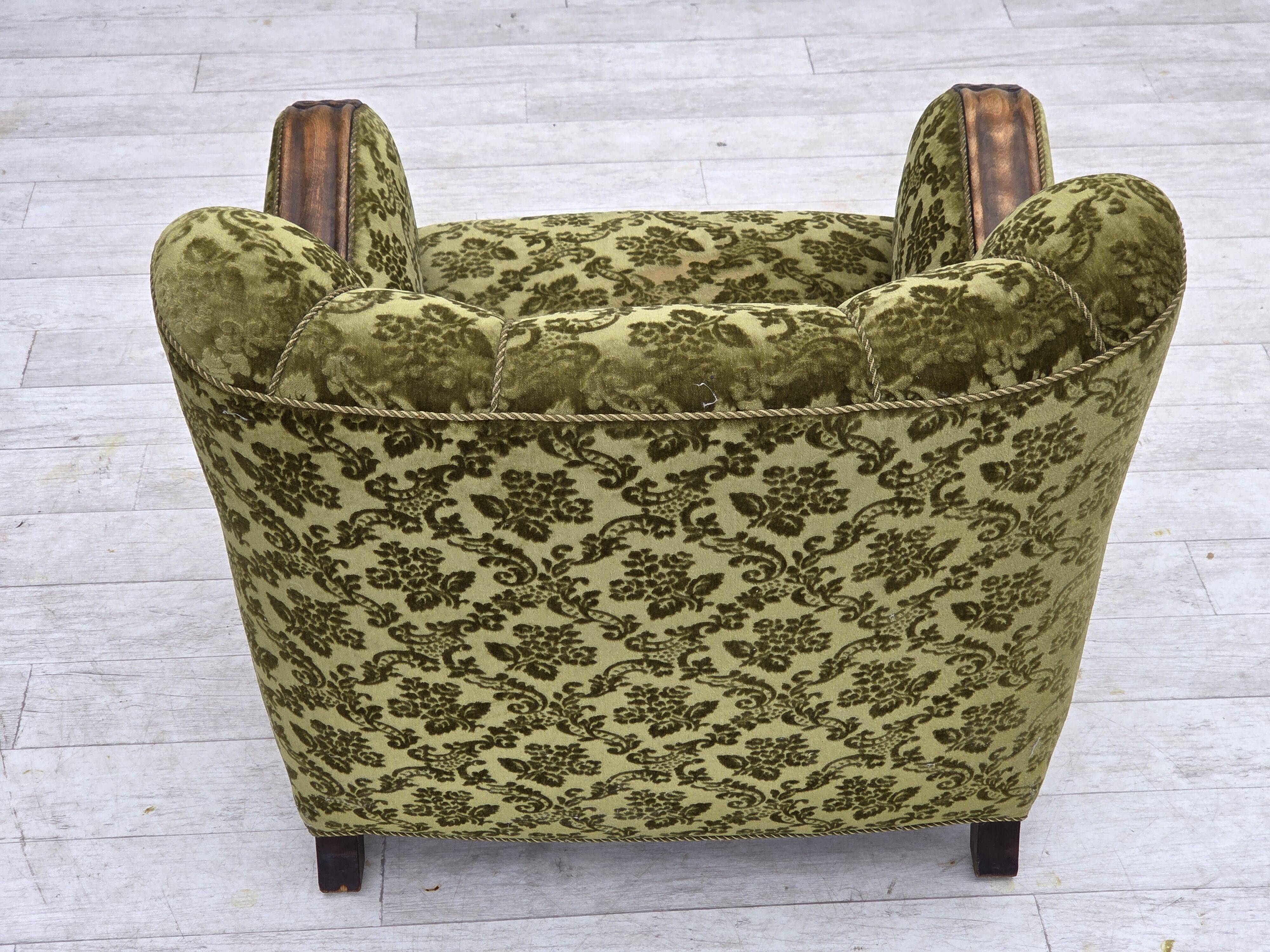 1950s, Danish relax chair, furniture velour, oak wood.