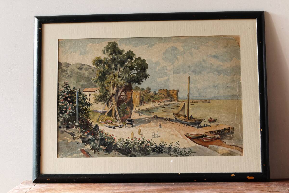 Orientalist watercolor, animated landscape, Mediterranean port