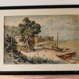 Orientalist watercolor, animated landscape, Mediterranean port