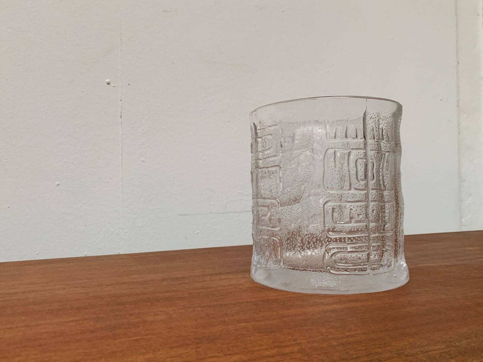 Large vintage glass vase or bowl with South American/Inca ornaments.