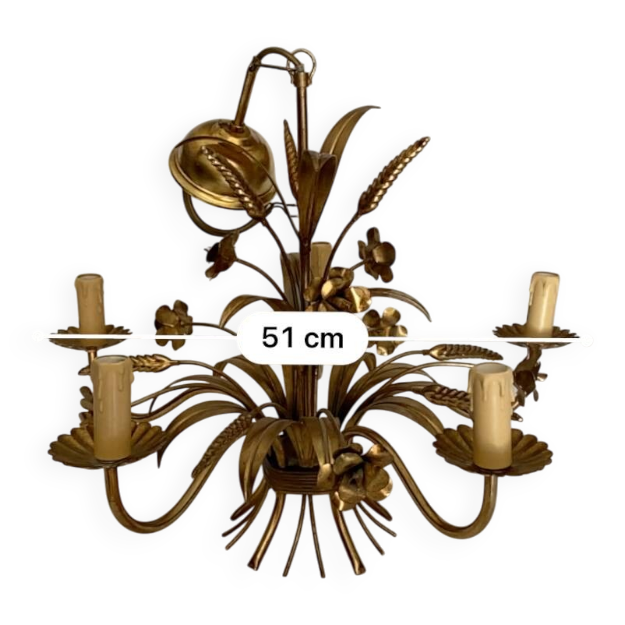 Hans Kögl-style 6-arm chandelier in gilded metal, 1970s, with two wall lights