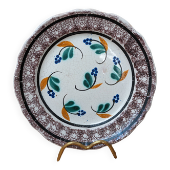 Ancienne assiette à fleurs liseré marron dit cul noir