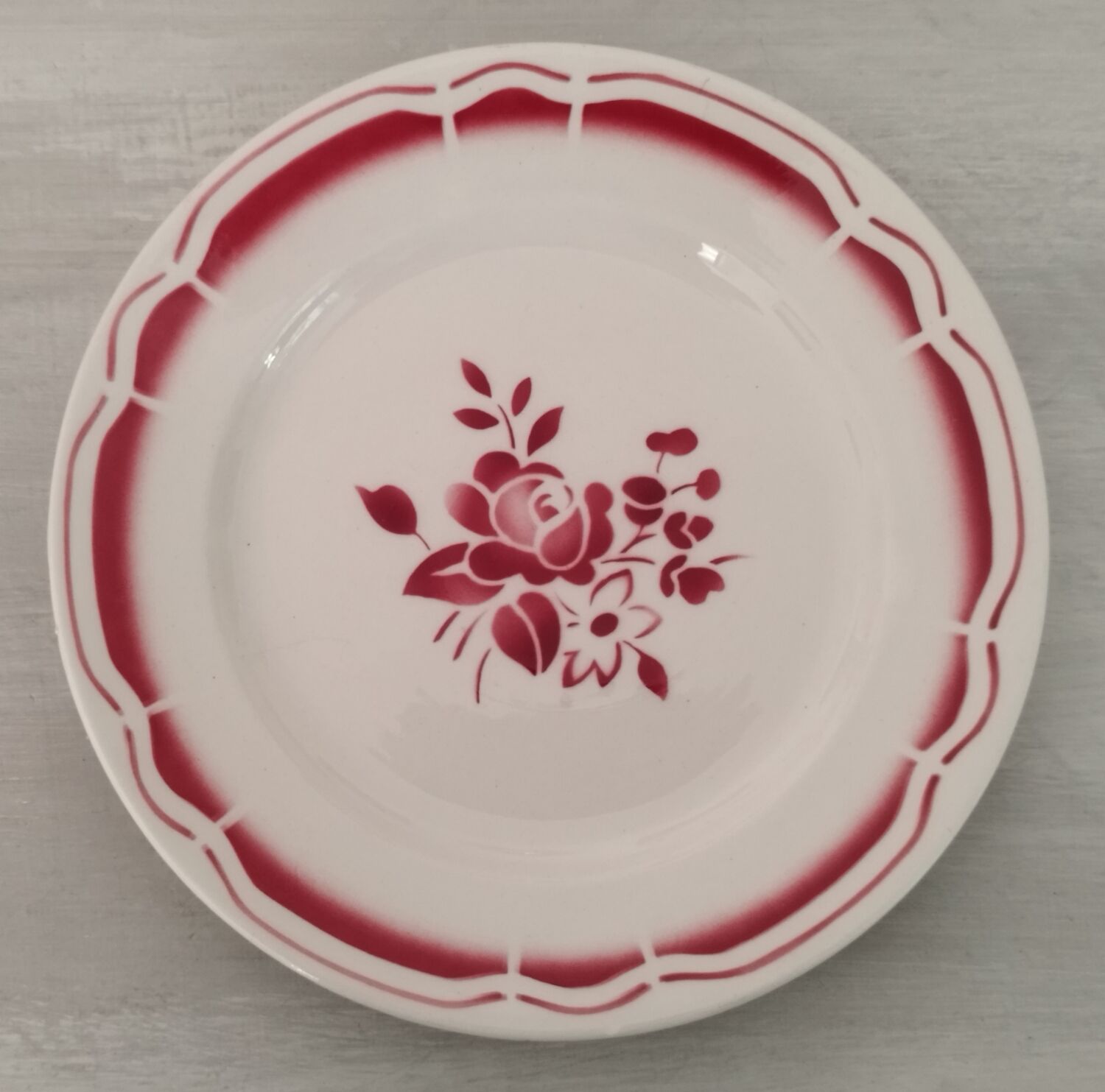 Service cake pie flat plates porcelain opaque badonviller rose bordeaux vintage