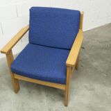 Comfortable 1980s blue and honey beech armchair