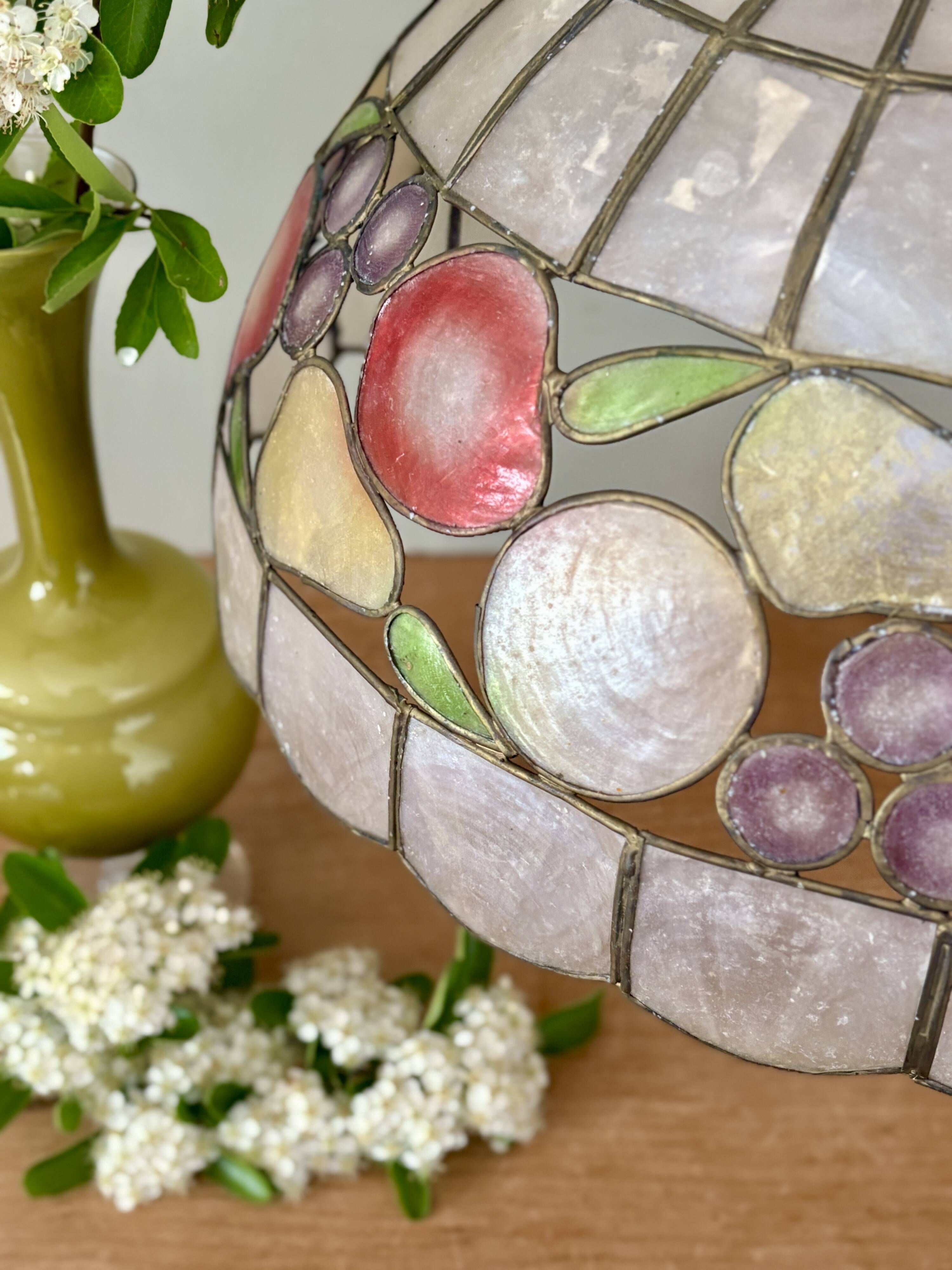 Vintage mother-of-pearl and brass pendant lampshade with fruit decorations