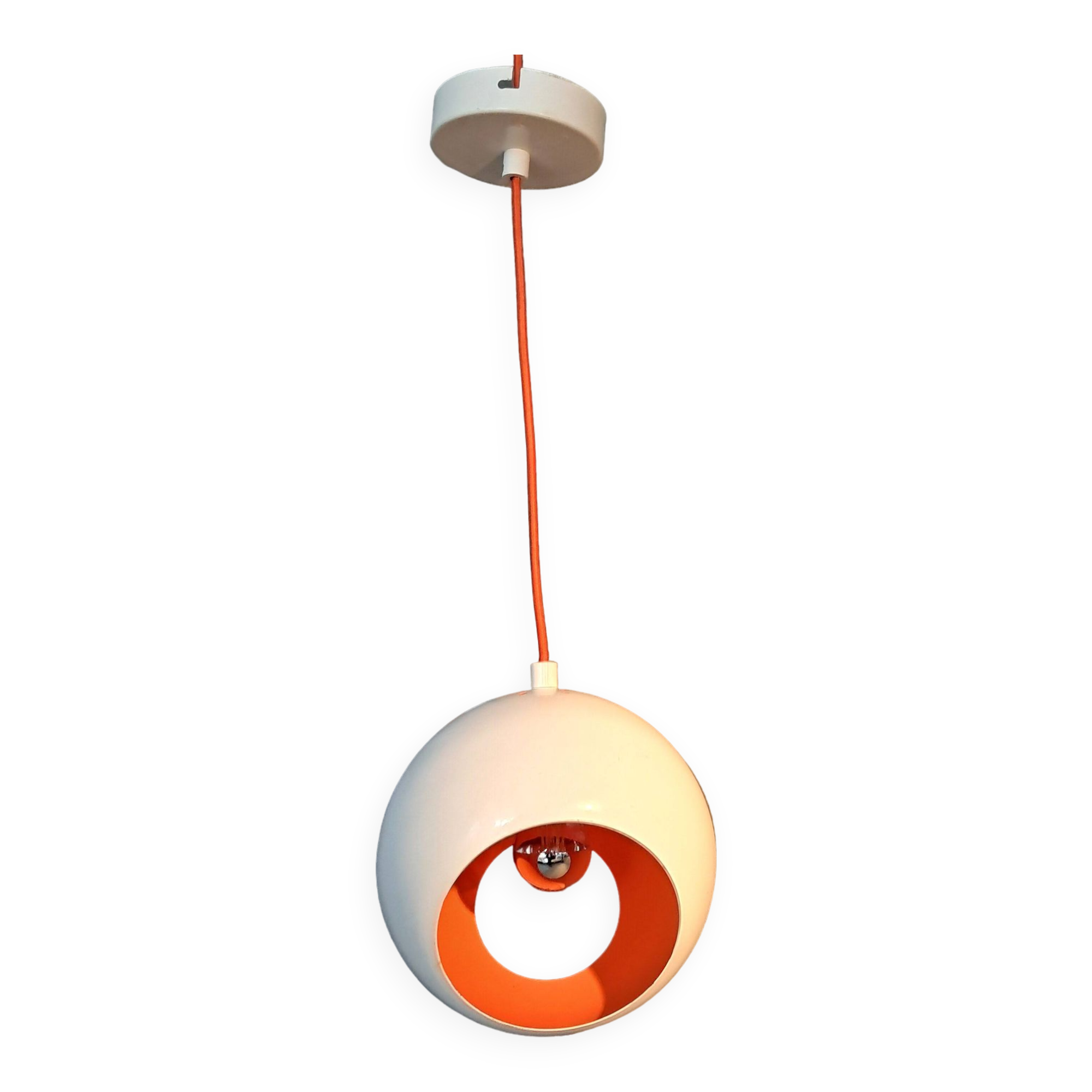 White openwork pendant light with orange interior 1970/1980.