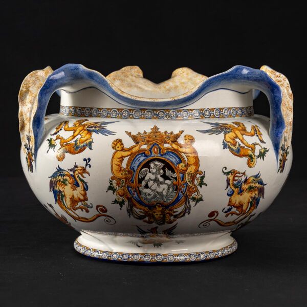 Cache pot ancien - faïence de gien - décor renaissance italienne - xixème siècle