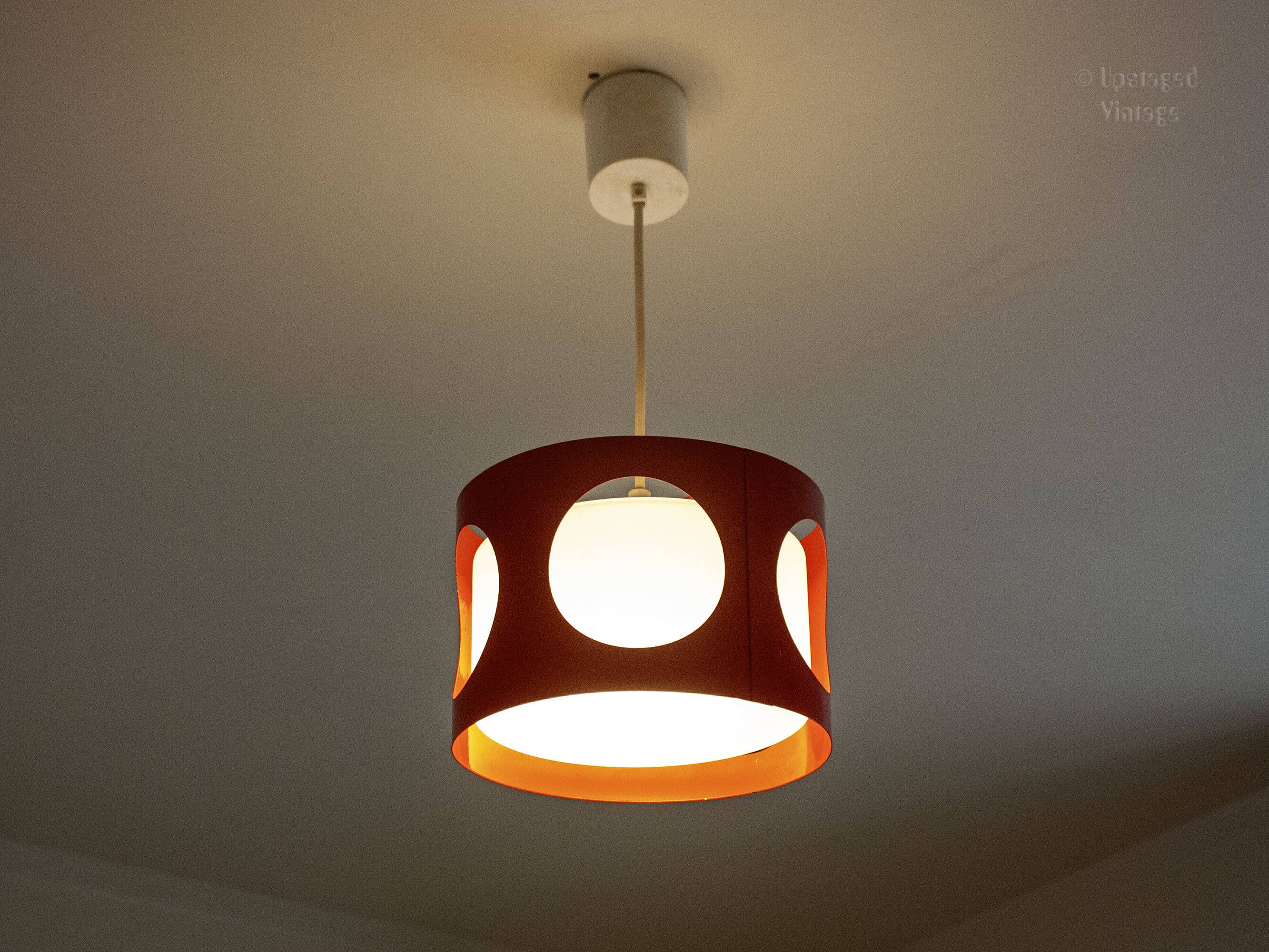 Vintage UFO ceiling light in red metal and white glass
