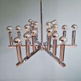 Chrome metal Space Age chandelier, 18 light points, 1970.