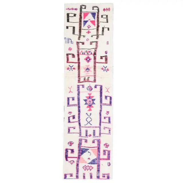 1970s Vintage Turkish Hand-Knotted Wool Cotton White Runner Rug 92x330