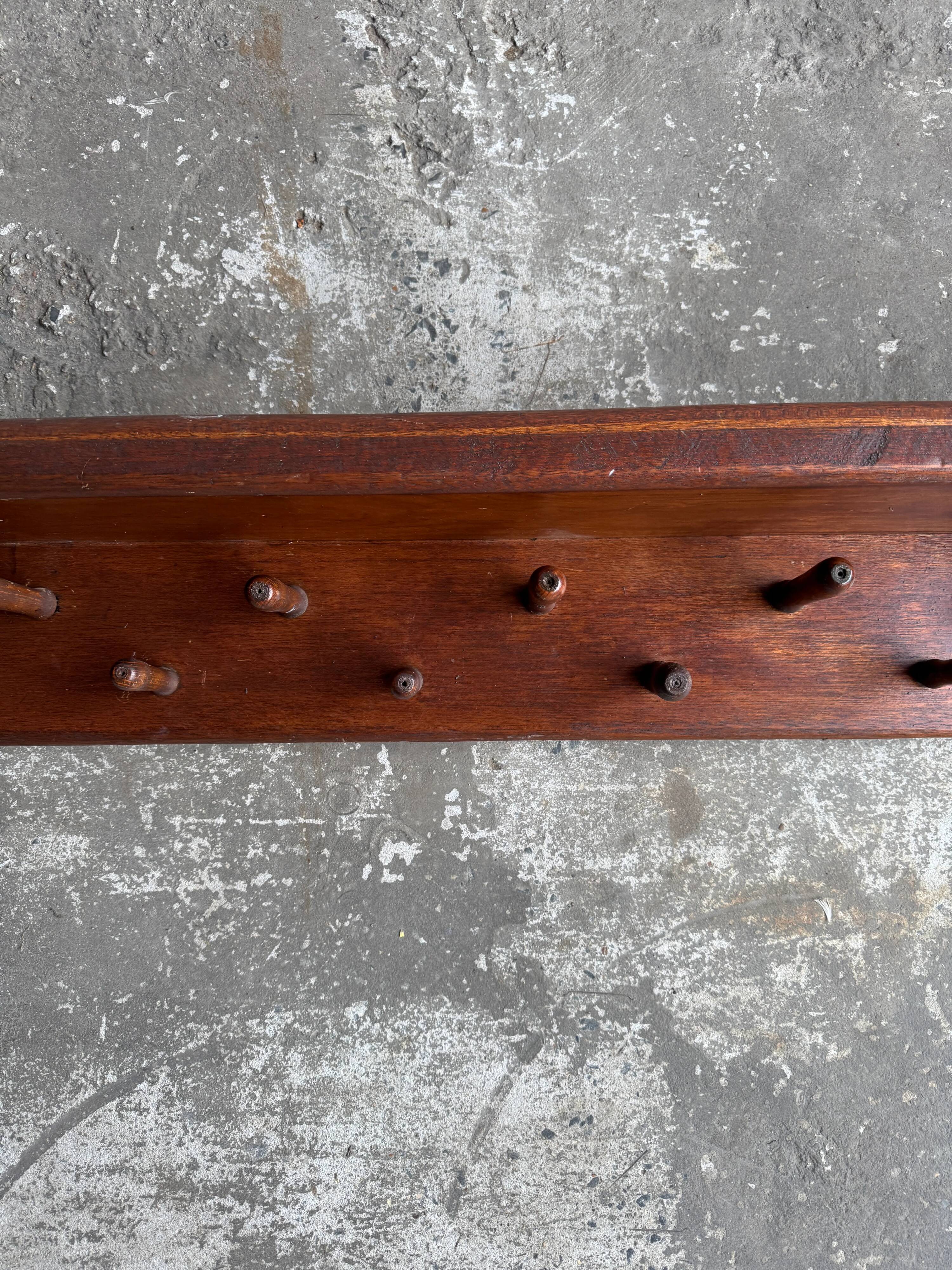 Extra-Long Solid Wood Wall Coat Rack, Walnut Brown, 20 Pegs — Mid-Century Vintage